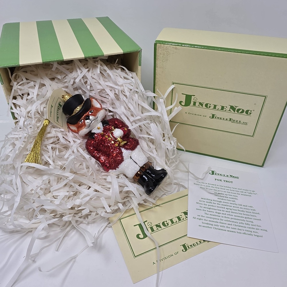NIB JingleNog Fox Trot Ornament #80495 Hand Blown & Painted in Poland